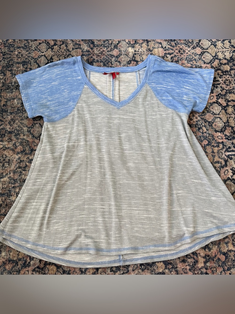 Light Gray and Light Blue V-Neck Short Sleeve Top
